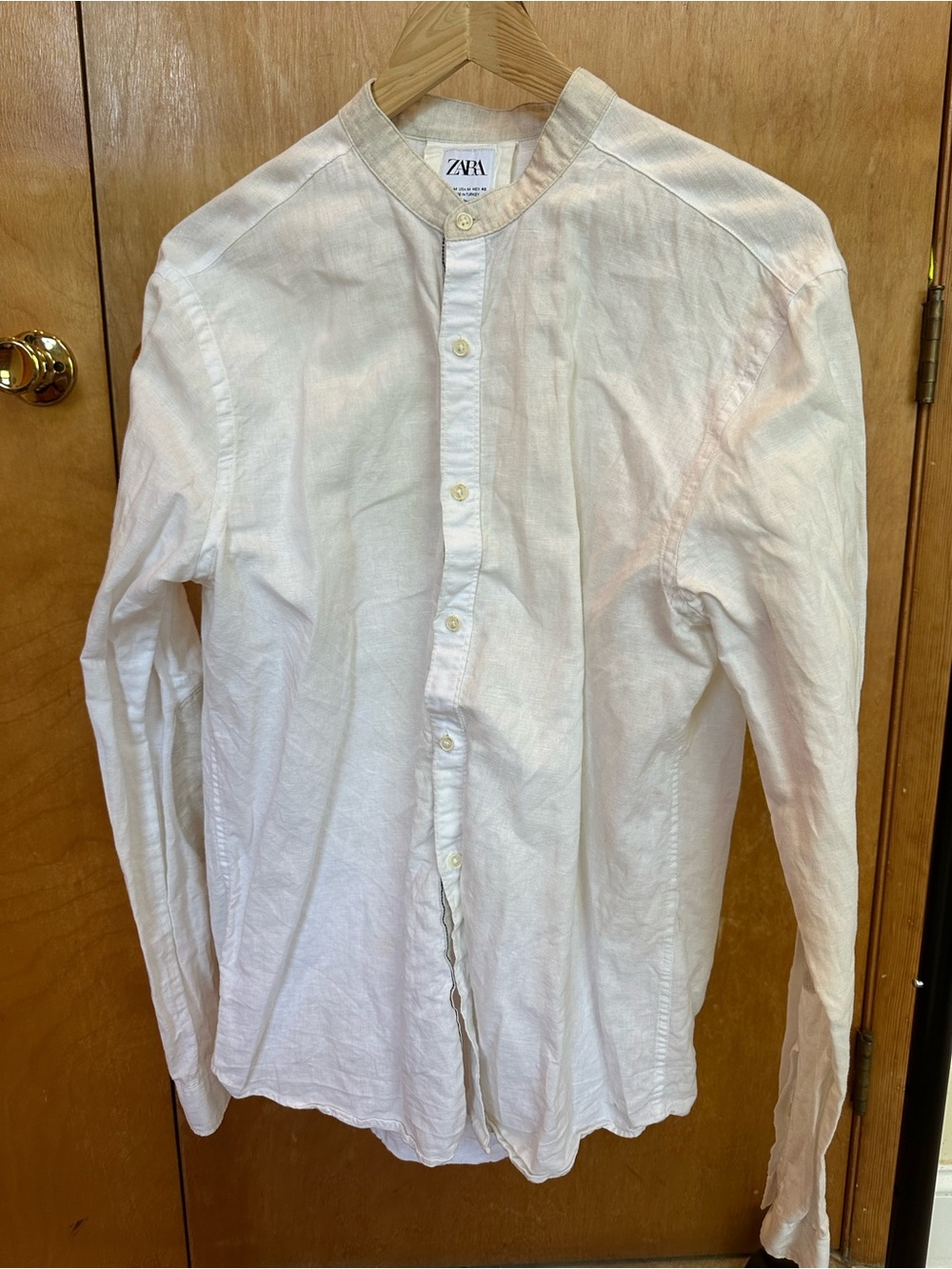 ZARA Cream Collarless Relaxed-Fit Linen Shirt